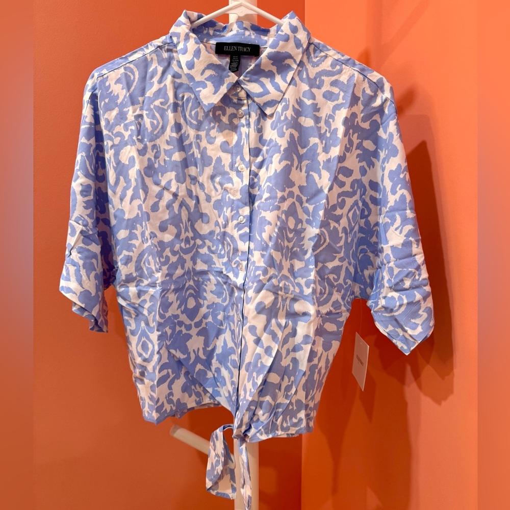 Ellen Tracy Baby Blue Damask Blouse